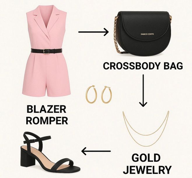 Jarní elegance ready během 5 minut ✨ Růžový overal, pohodlné block-heels, vrstvené zlaté šperky a ikonická černá crossbody...